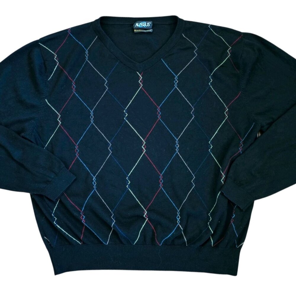 Mens Thin‎ Preppy Sweater Argyle Black Pullover V-neck Bamboo Sz XL Y2K Rainbow